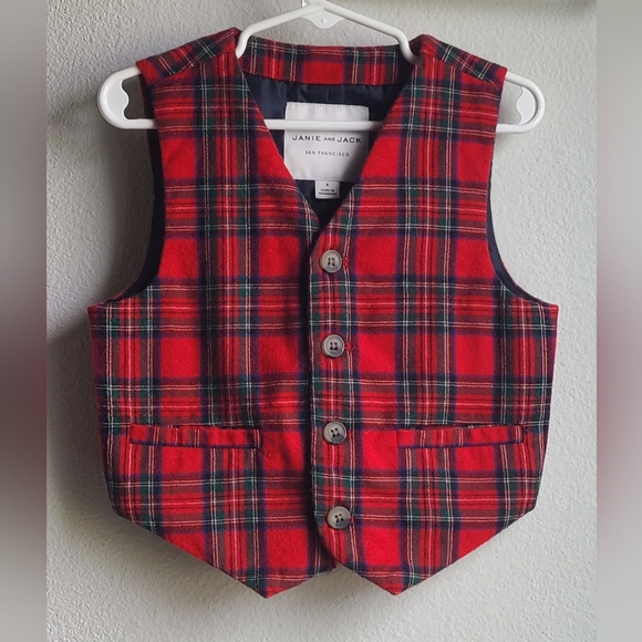 Janie and Jack San Francisco- Boy's Red Blue Plaid Holiday Wool Vest, Sz 4 - Picture 1 of 6